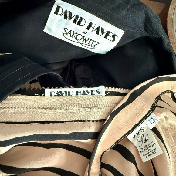 Vtg 80s DAVID HAYES 3pc Silk Blouse Blazer & Pleated Skirt Suit Striped - Picture 7 of 12